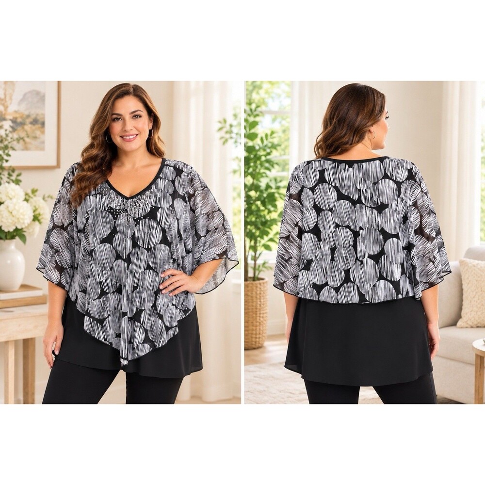 Atelier 29 Geometric Print Layered Women’s Poncho Blouse Size 2X